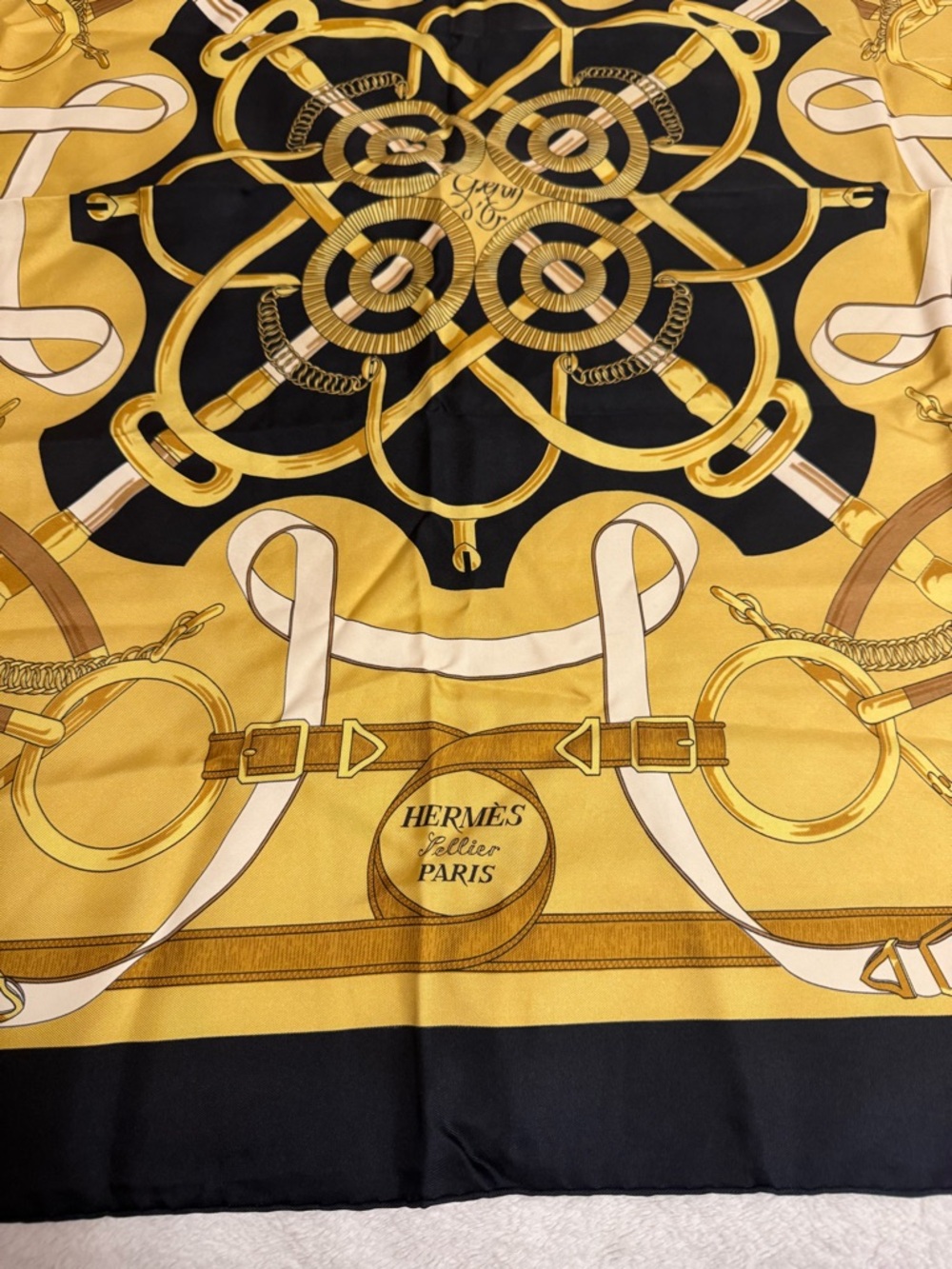 Hermès Paris Silk Scarf - Gold & Black Equestrian Print - Picture 2 of 2